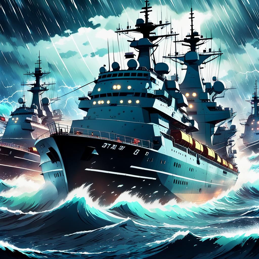 Naval Battle in Anime Style During Storm