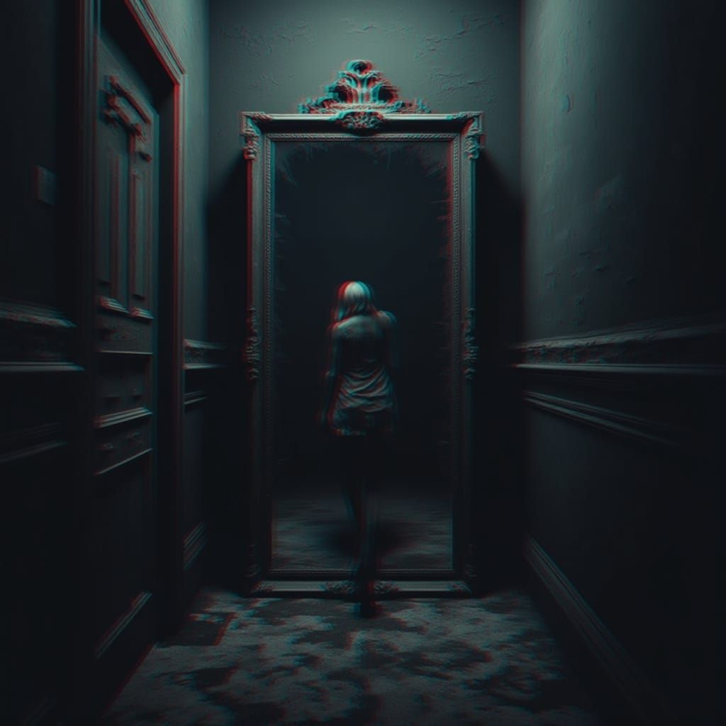 Eerie Woman Emerging from Mirror in Cinematic Style