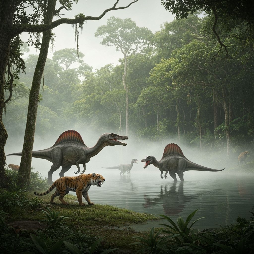 Jurassic Giants in a Prehistoric Lake Scene