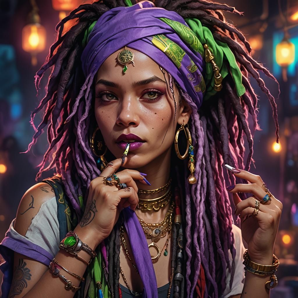 Woman with Purple Dreadlocks Smoking, Fantasy Art