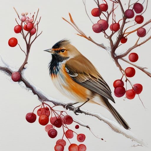 Winter Bird with Berries in Artistic Styles