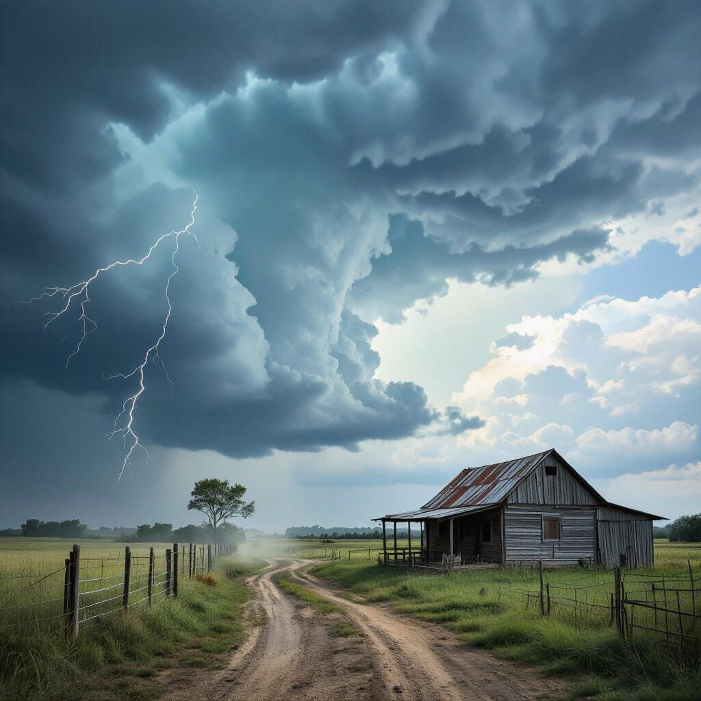 Dramatic Oil Painting of Farm Approaching Cyclone