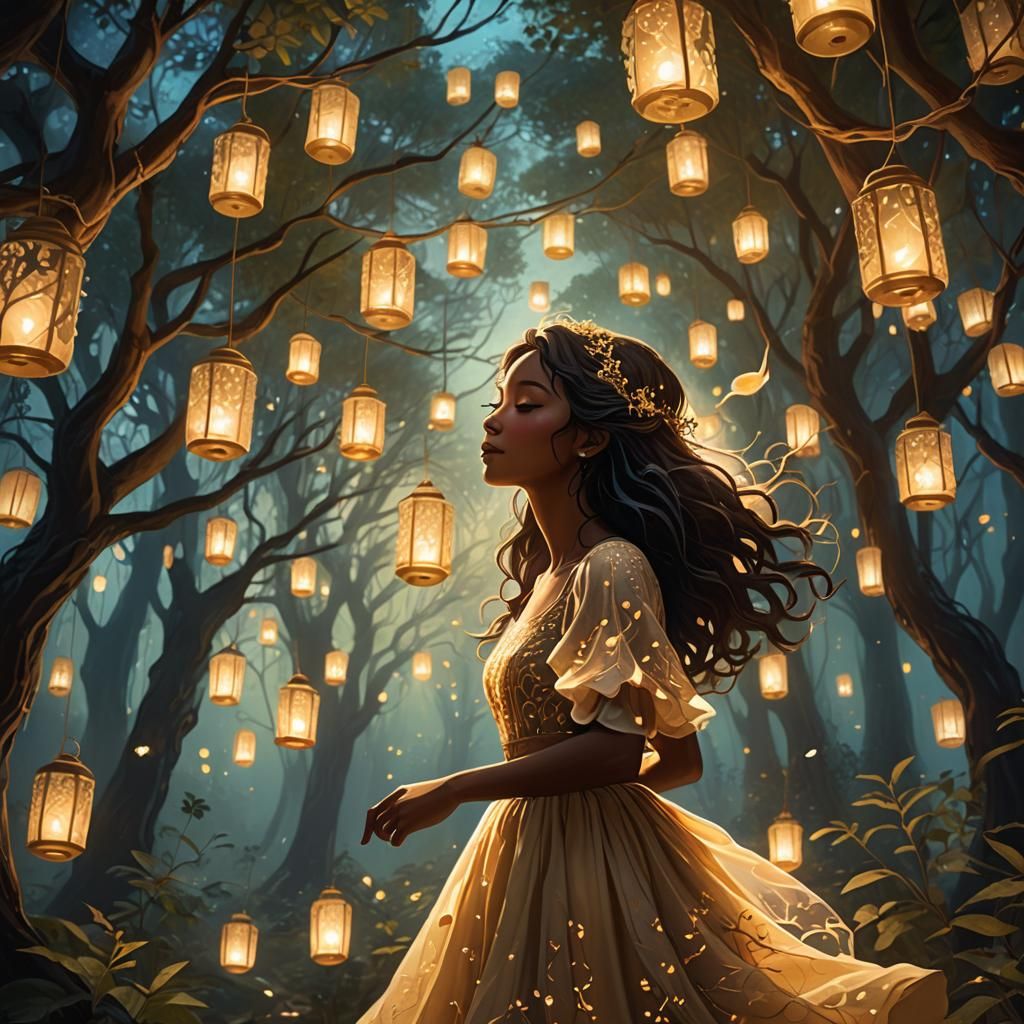 Girl Singing in Forest of Lanterns: Dreamy Matte Painting