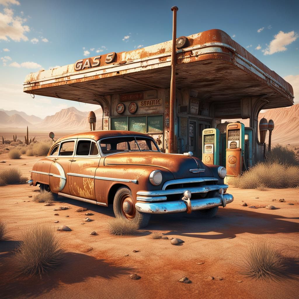 Desert Gas Station with Rusty Car: Matte Painting