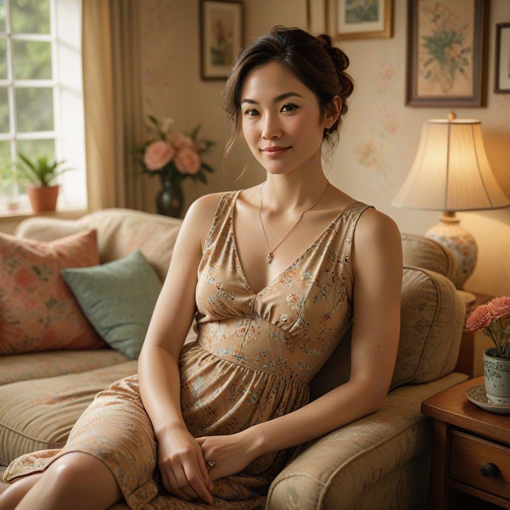 Woman in Cozy Living Room with Family Photos