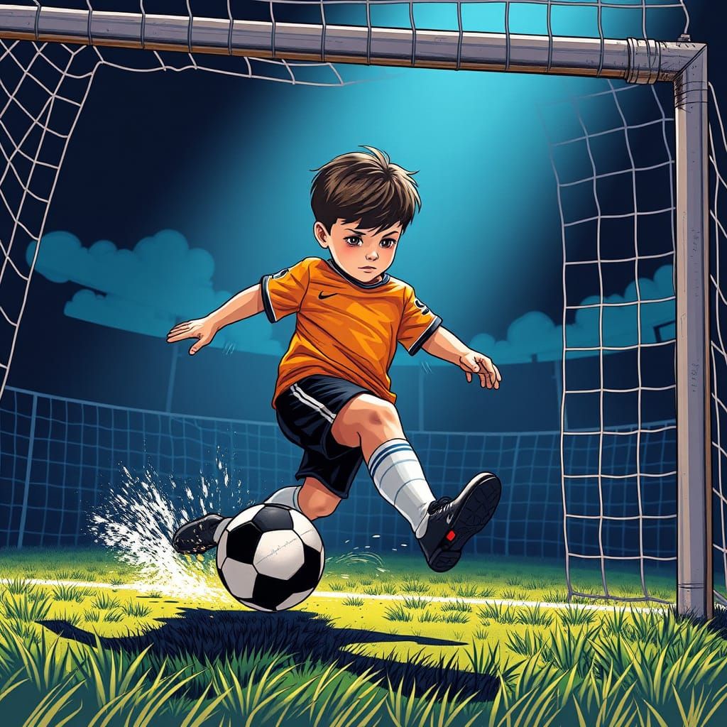 Boy Kicks Soccer Ball in Pop Art Comic Style