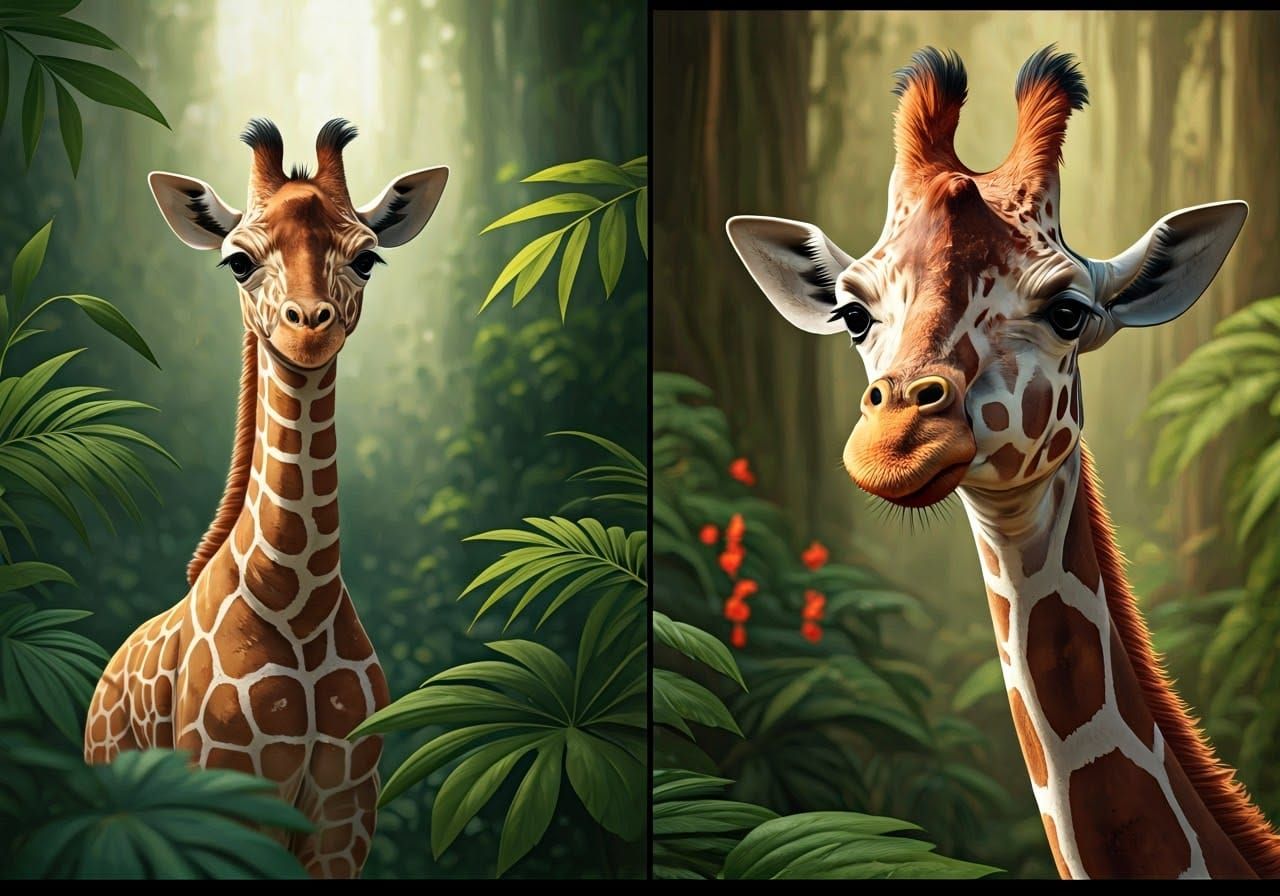 Giraffes in African Jungle, Dual Panel Composition