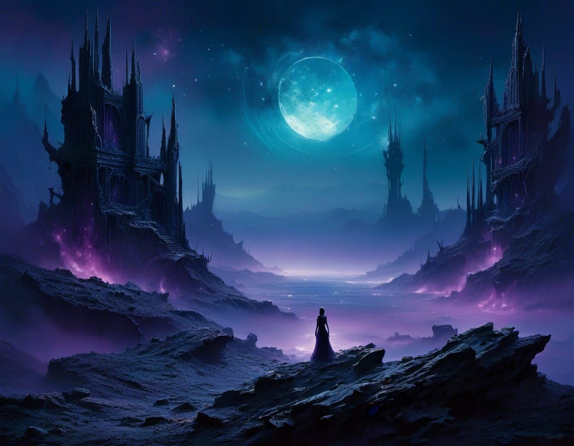 Futuristic Alien City Ruins at Night in Misty Seascape