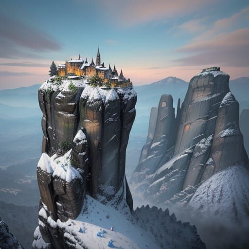 Snowy Meteora Mountain Range in Detailed Matte Painting