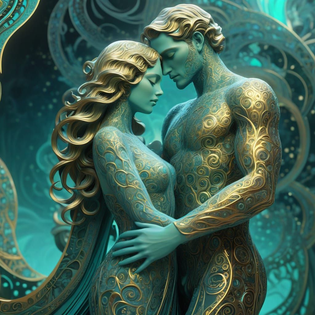 Deco Nouveau Sculpture of Enamored Couple in Hypnotic Golden...