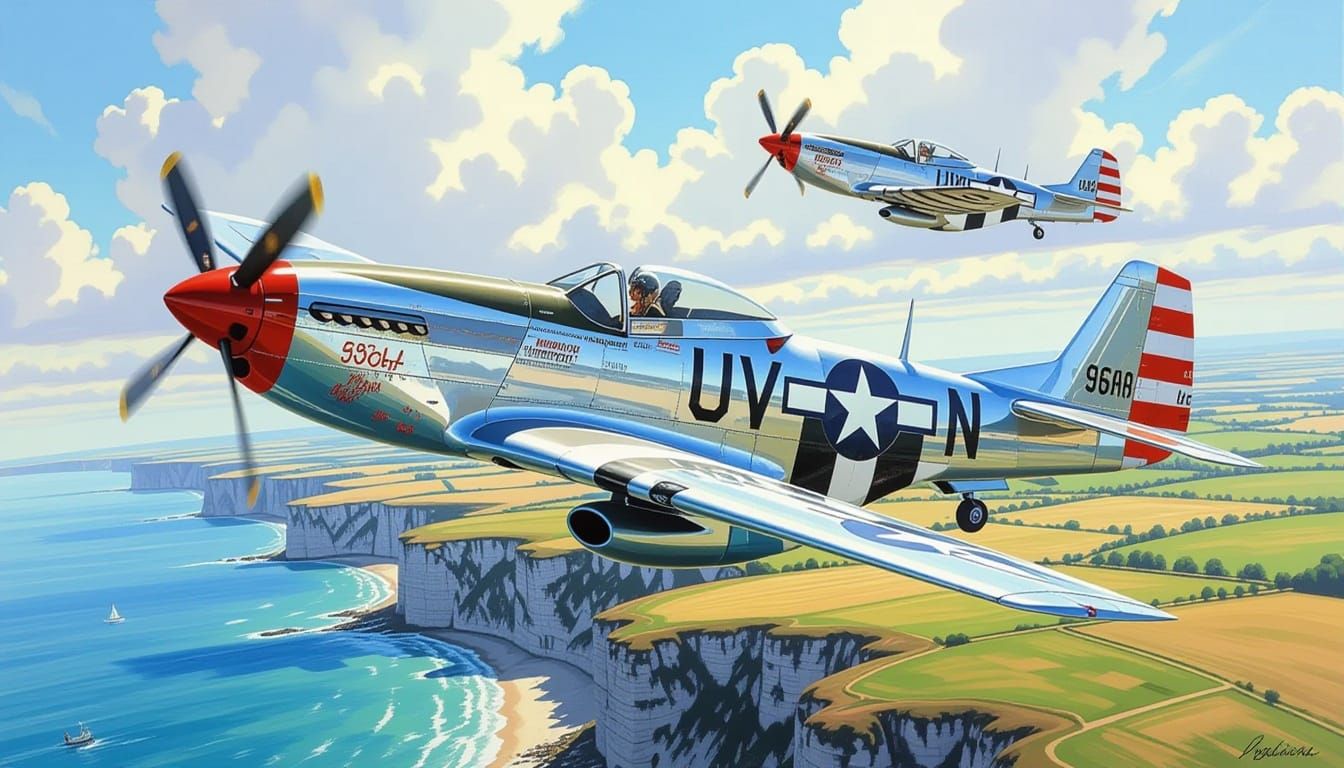WWII Mustang Fighters Over English Coastline