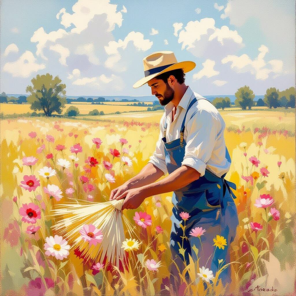 Farm Worker: Impressionist Rococo Painting with Luminous Col...