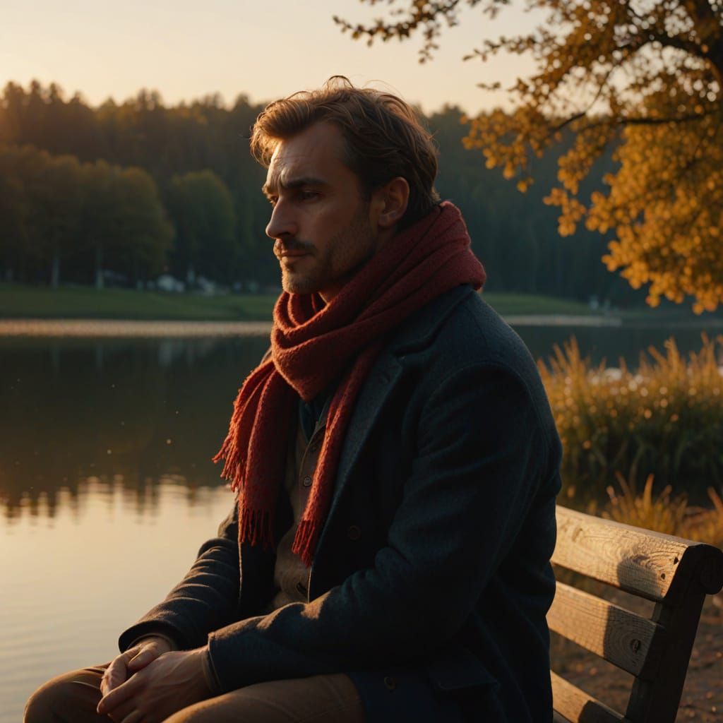 Man on Lakeside Bench at Twilight in Poetic Realism