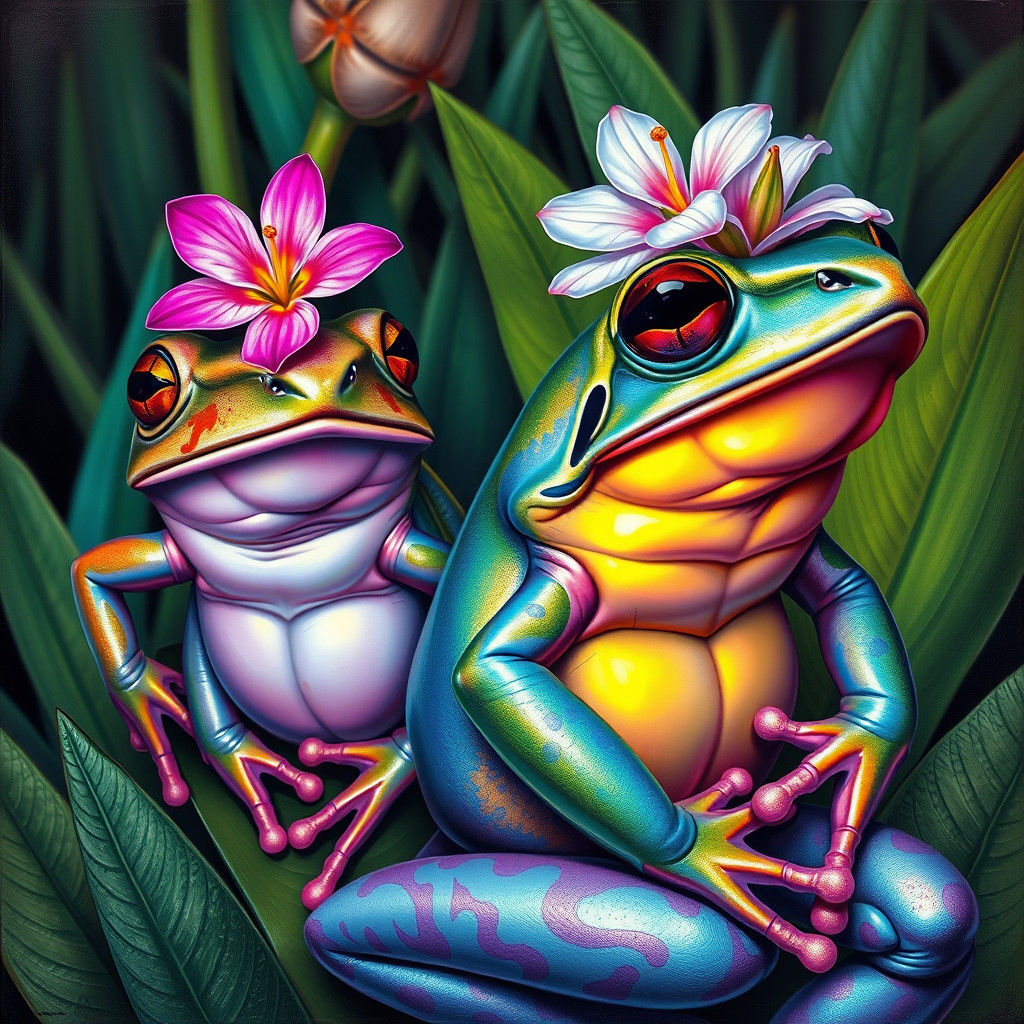 Iridescent Frogs with Flowers in Pop Surrealist Style