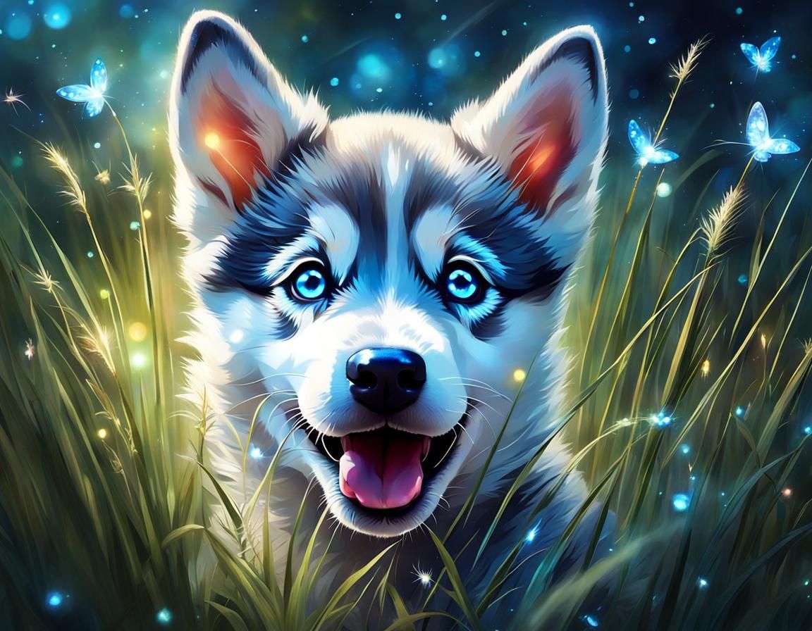 Adorable Husky Puppy with Blue Eyes in Ethereal Garden