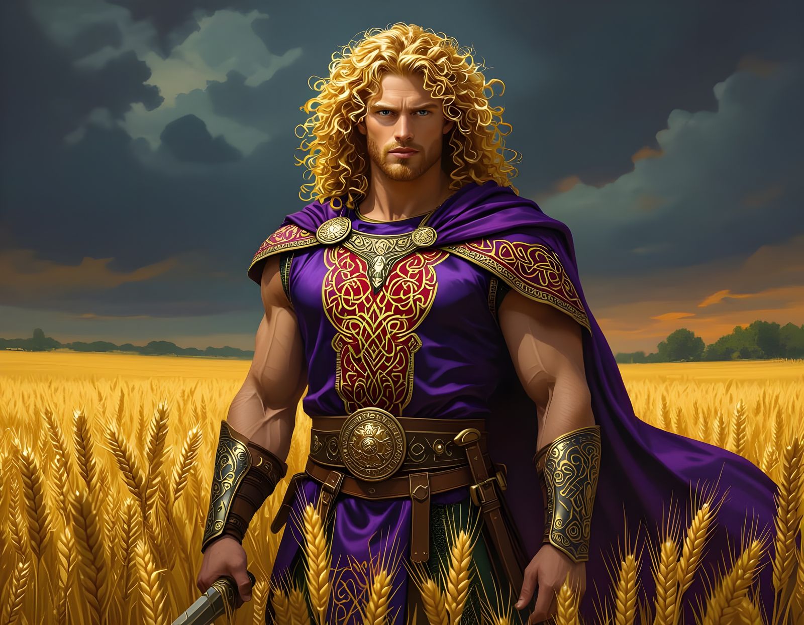 Heroic Celtic Warrior in Wheat Field, Fantasy Art
