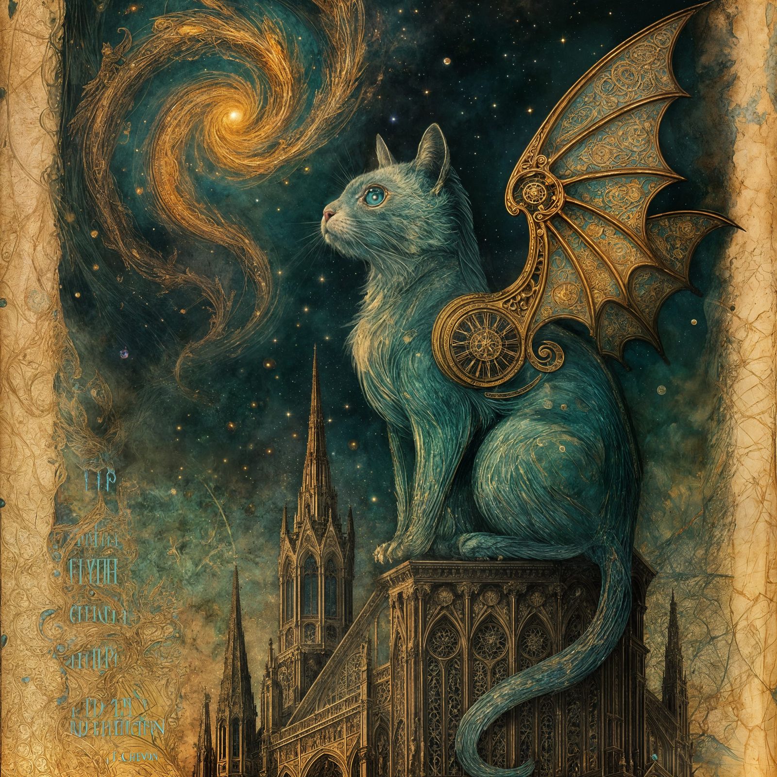 Clockwork Cat Perched on Gothic Cathedral: Golden Age Illust...