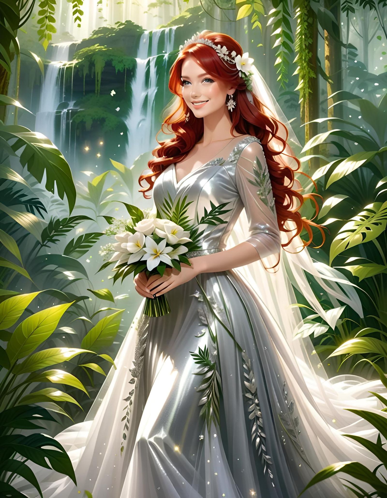 Smiling Redhead Bride in Jungle Waterfall Setting