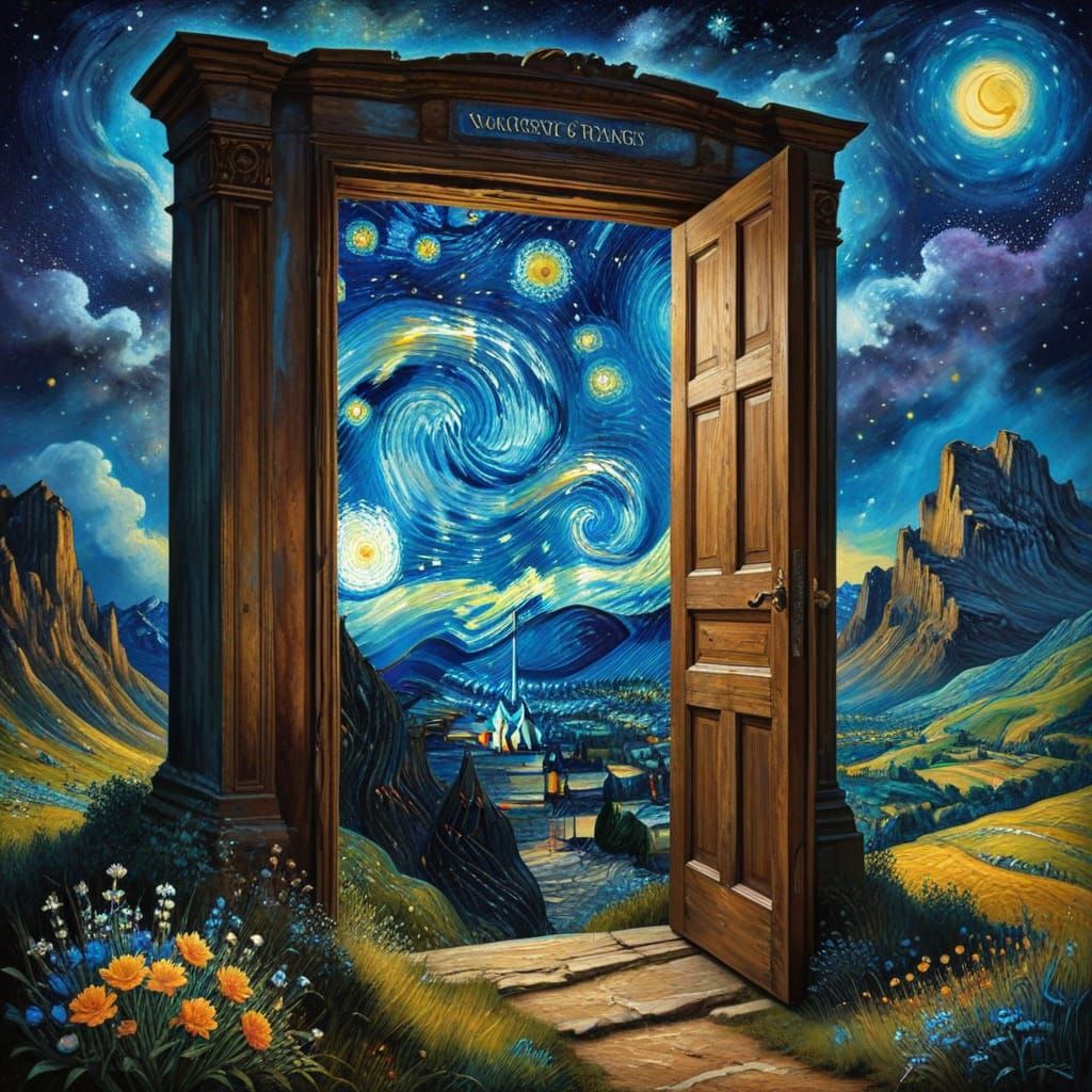 Door in Mountain: Surreal Oil Painting in Naive Style