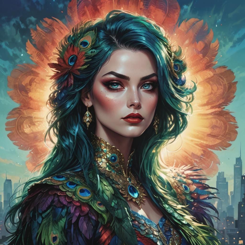 Woman with Peacock Feathers in Comic Book Style