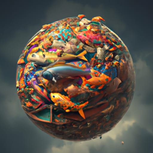 Fantastical Sphere Filled with Fish in Detailed Painting