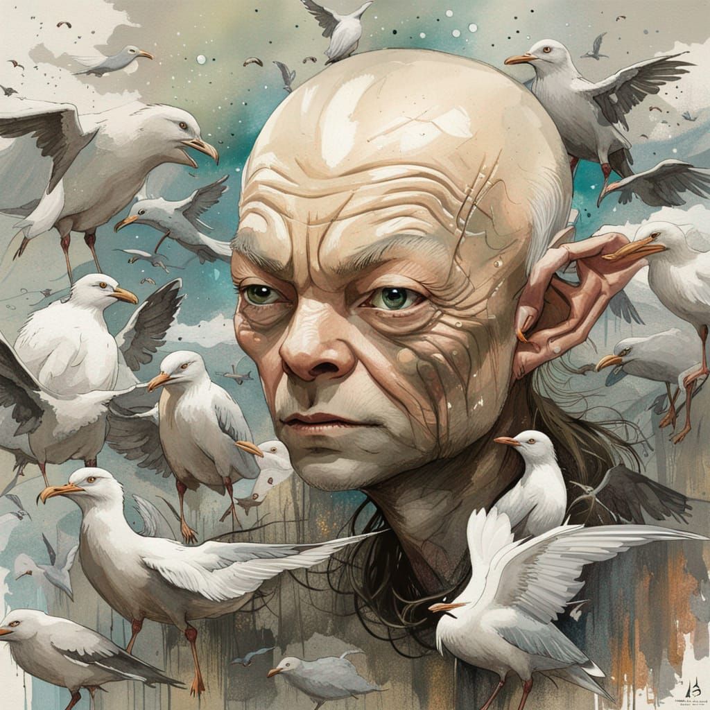 Gollum Surrounded by Seagulls: Fantasy Portrait