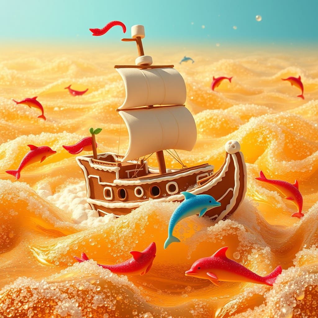 Gingerbread Pirate Ship Navigating Soda Sea, Vintage Style