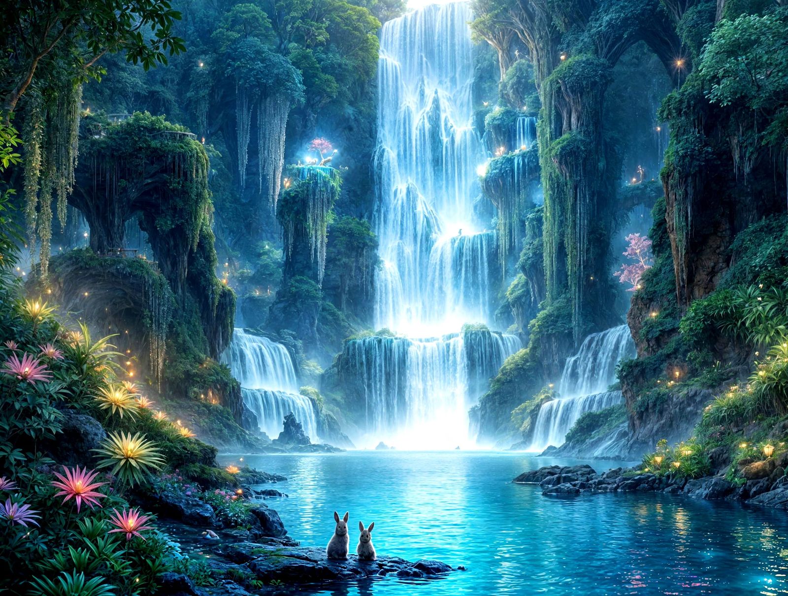 Crystalline Waterfall in Bioluminescent Flora Lagoon