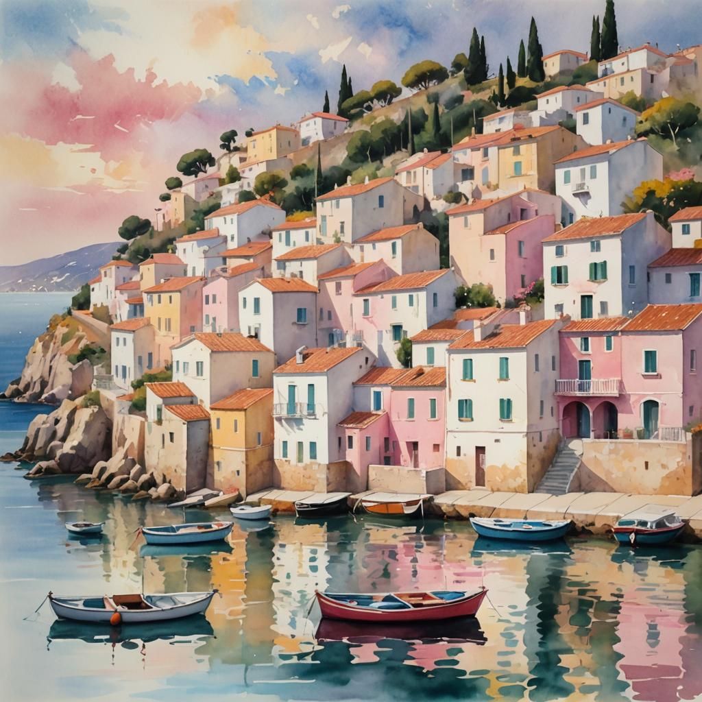 Mediterranean Coastal Town in Watercolor Style