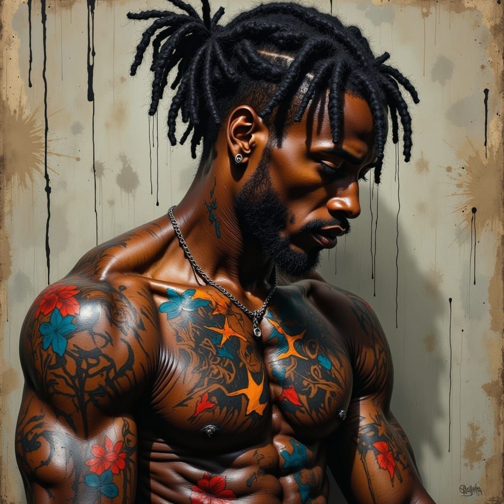 Surrealistic Portrait of a Young Black Man in a Contemplativ...