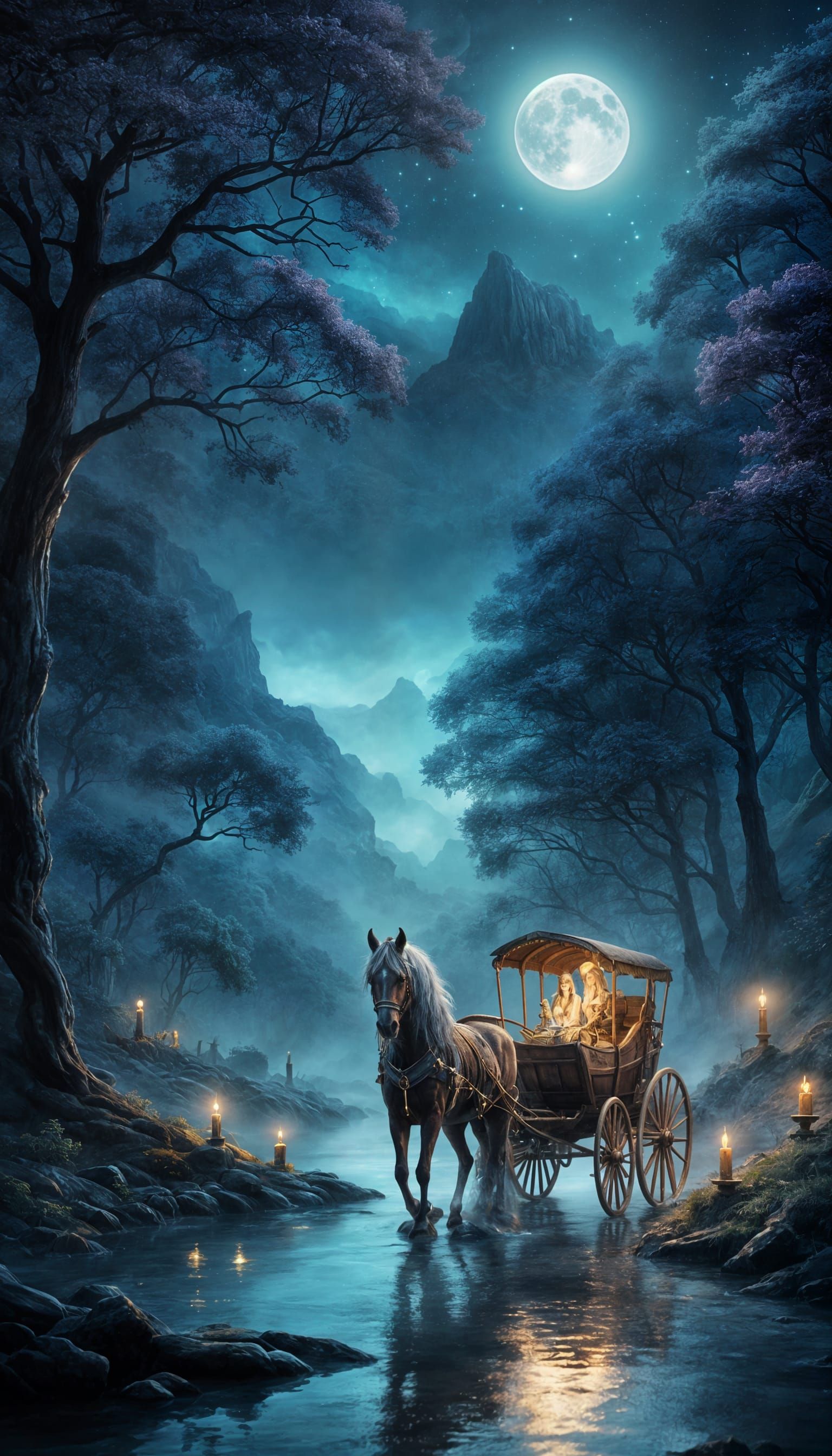 Mystical Night Scene: Witch and Rune-Charged Chariot