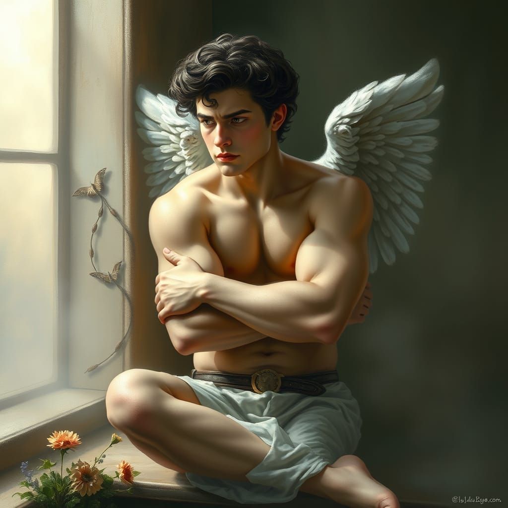 Dark and Brooding Cupid Figure in Ethereal Fantasy Art
