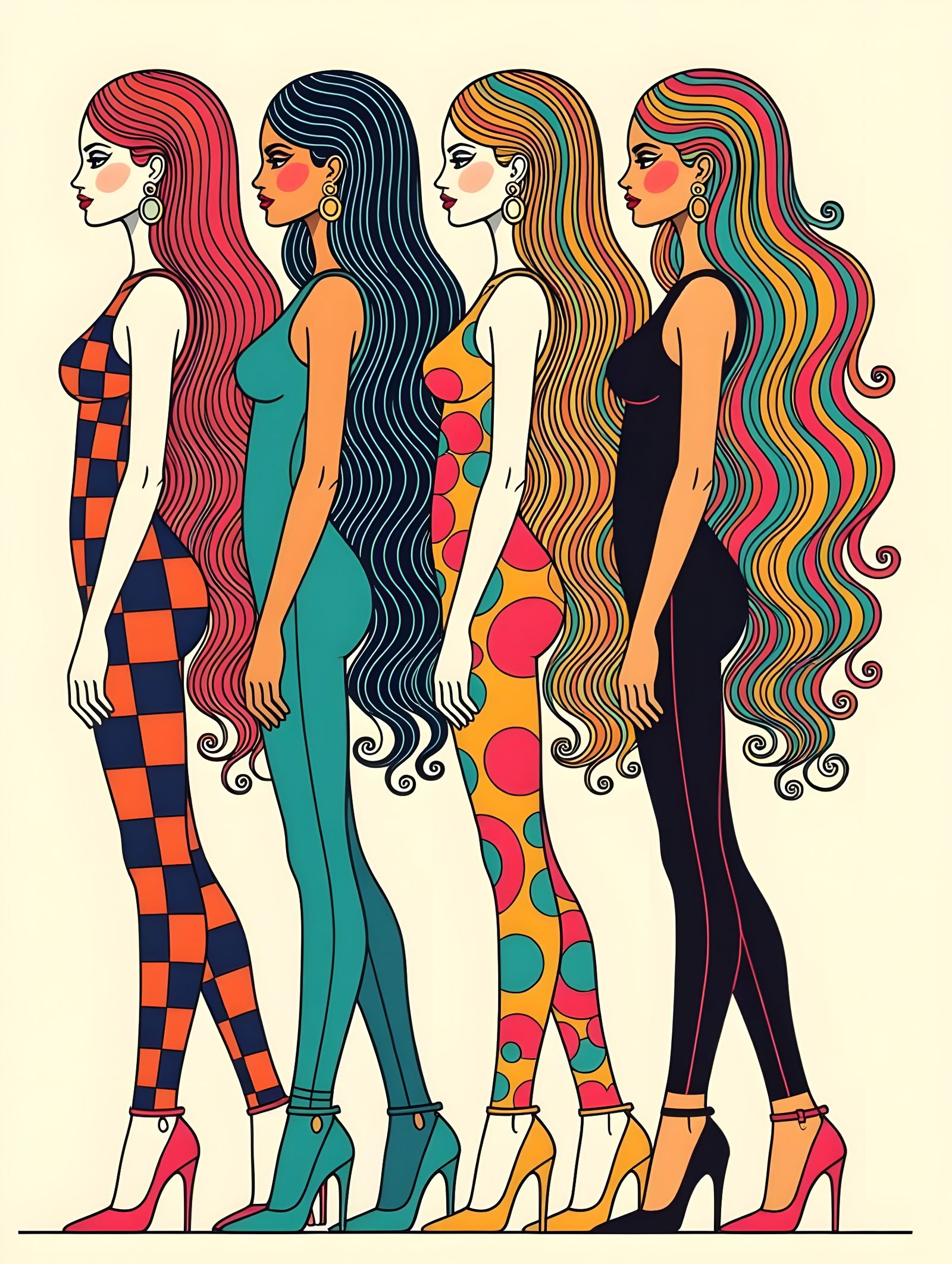 Women in Vibrant Heels and Leggings, Inspired by Art Brut