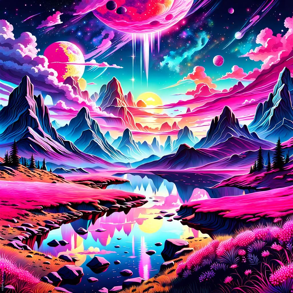 Surreal Pink Sky Landscape in Cosmic Illustration