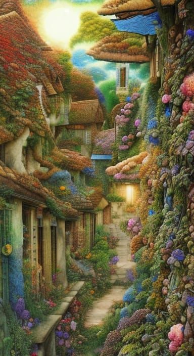 Quaint Cottages with Vines in Collage Art Style