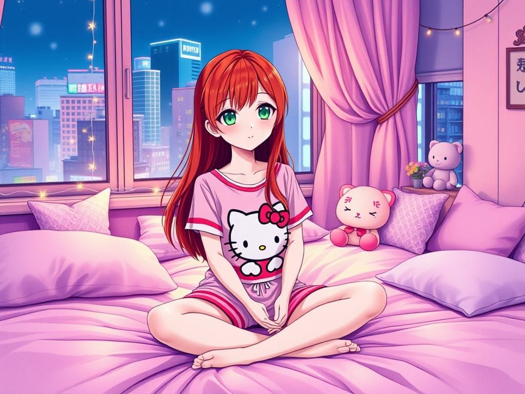 Japanese Woman in Hello Kitty PJs, Colored Pencil Style