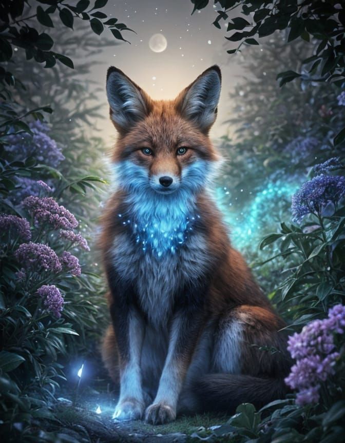 Majestic Fox in Moonlit Garden with Ethereal Glow