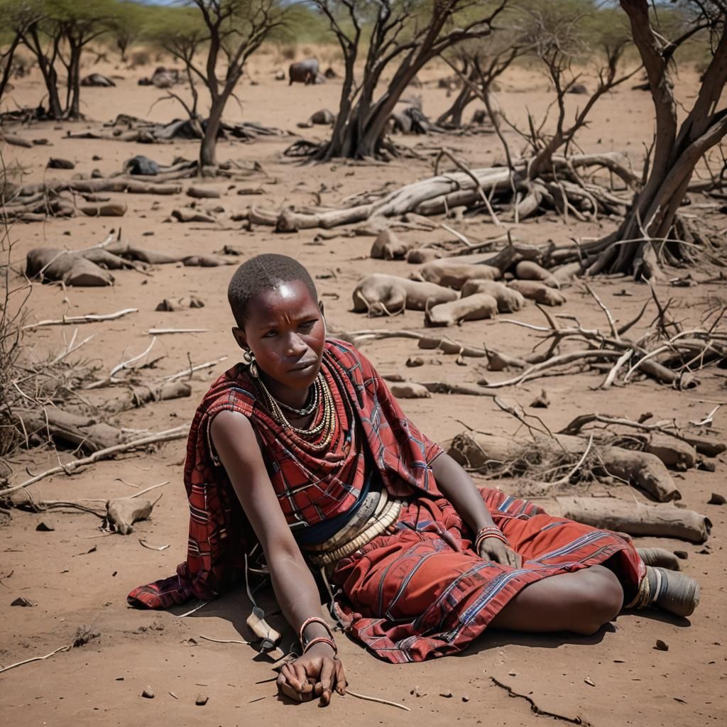 Exhausted Masai Girl in Barren Landscape