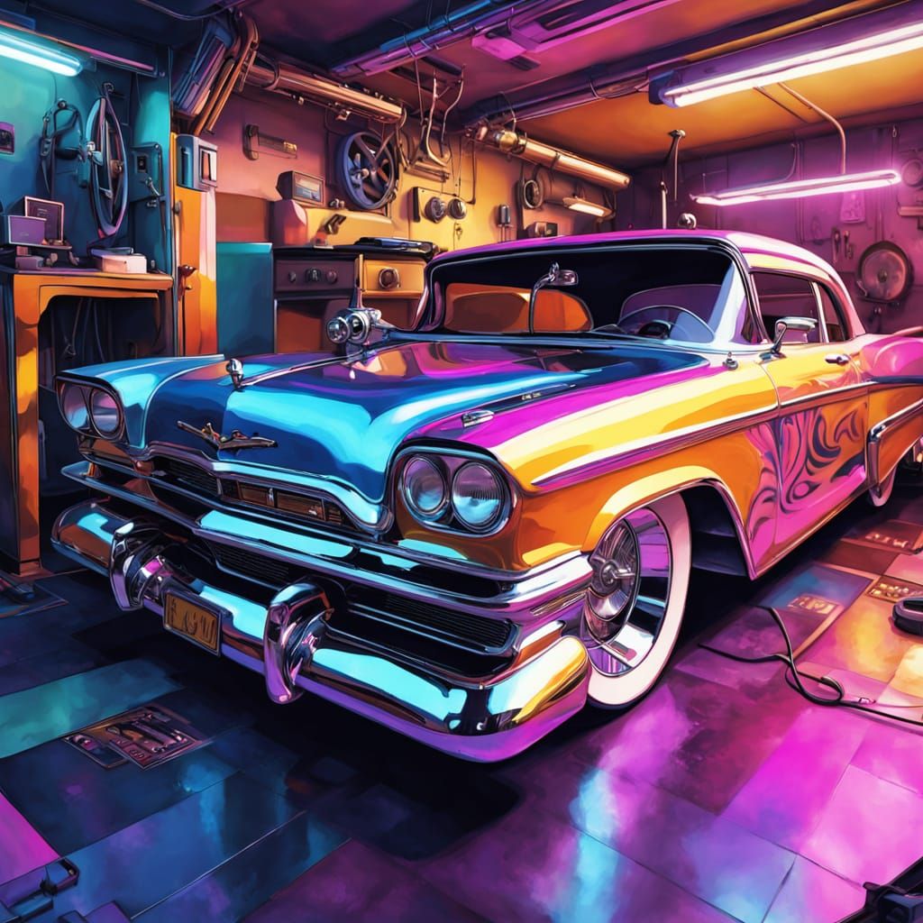 Retro Futurism Lowrider Garage Scene in Vibrant Colors