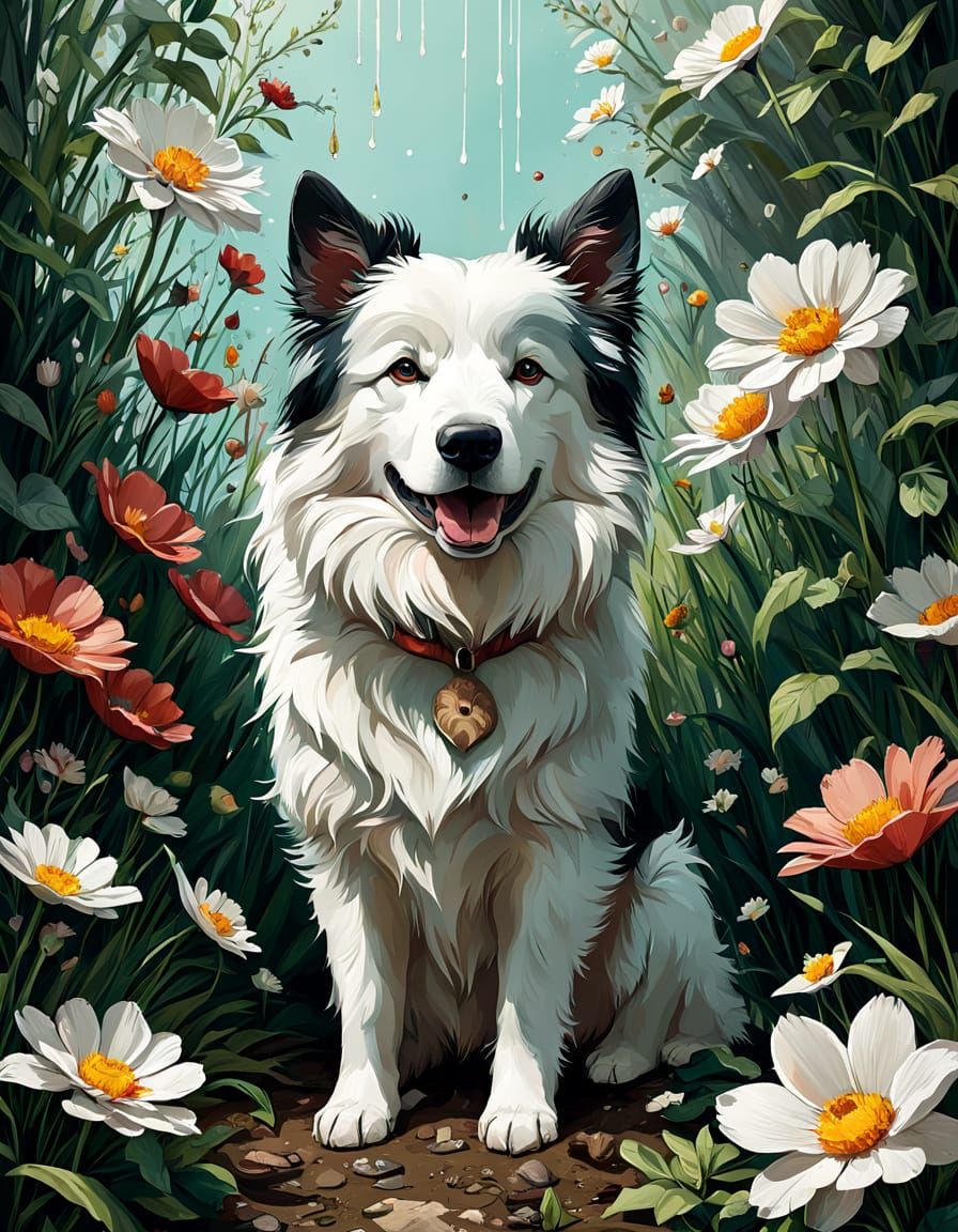 Adorable Collie-Samoyed Puppy in Floral Spring, Digital Art