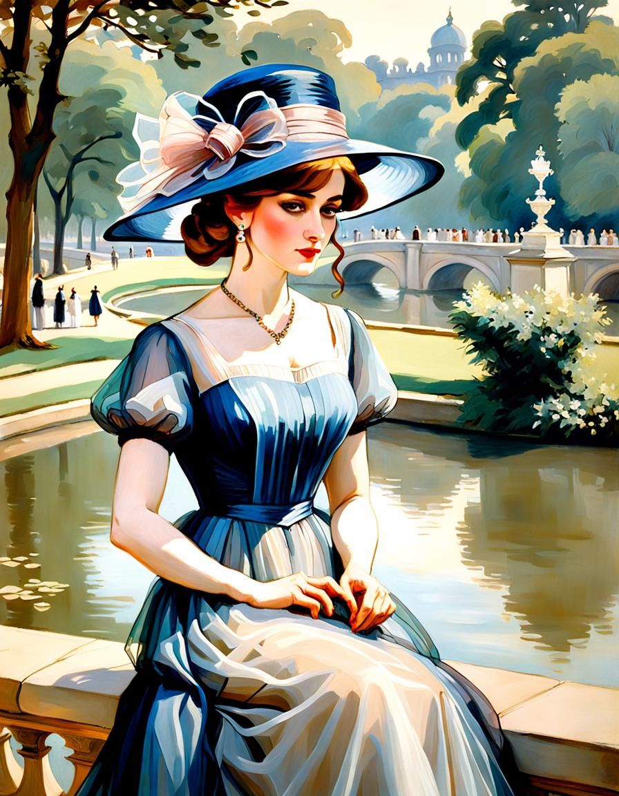 Elegant Woman in Palace Park, Waterhouse Style