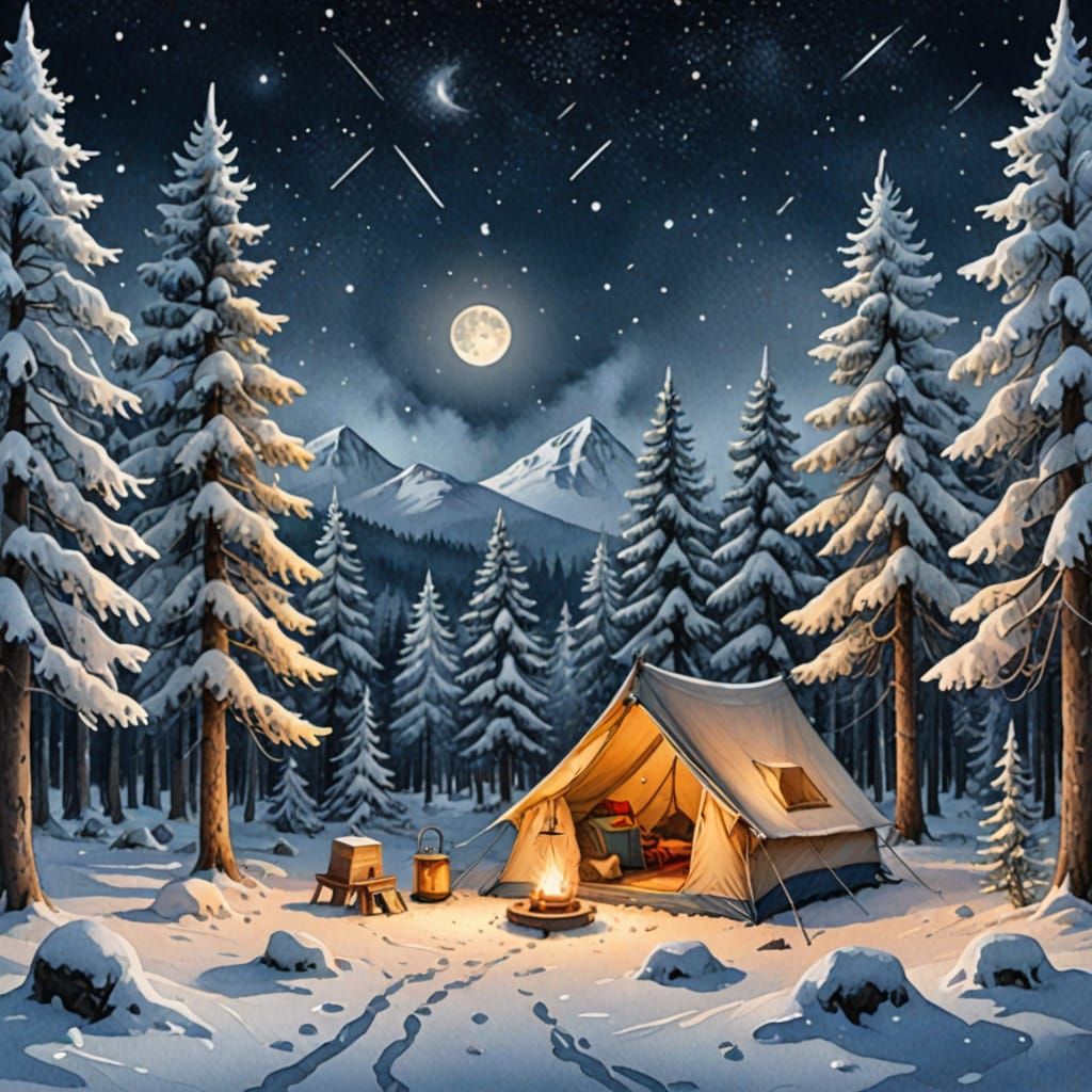 Snowy Winter Campsite Under Starry Skies