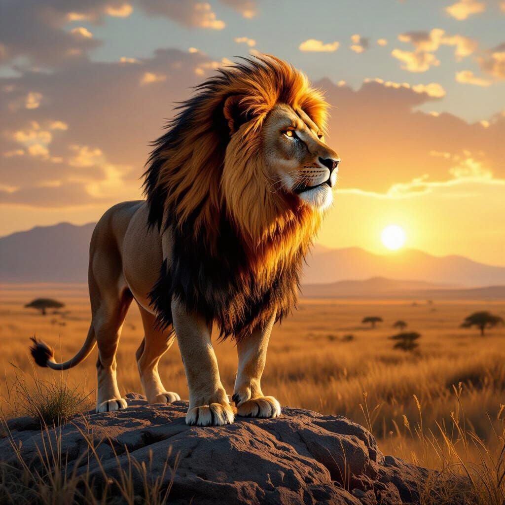Regal Lion Surveying Savannah: Hyperrealistic Digital Art