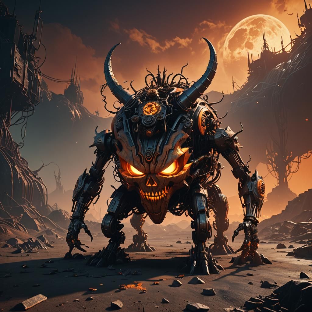 Cyberpunk Pumpkin Monster on Metallic Planet
