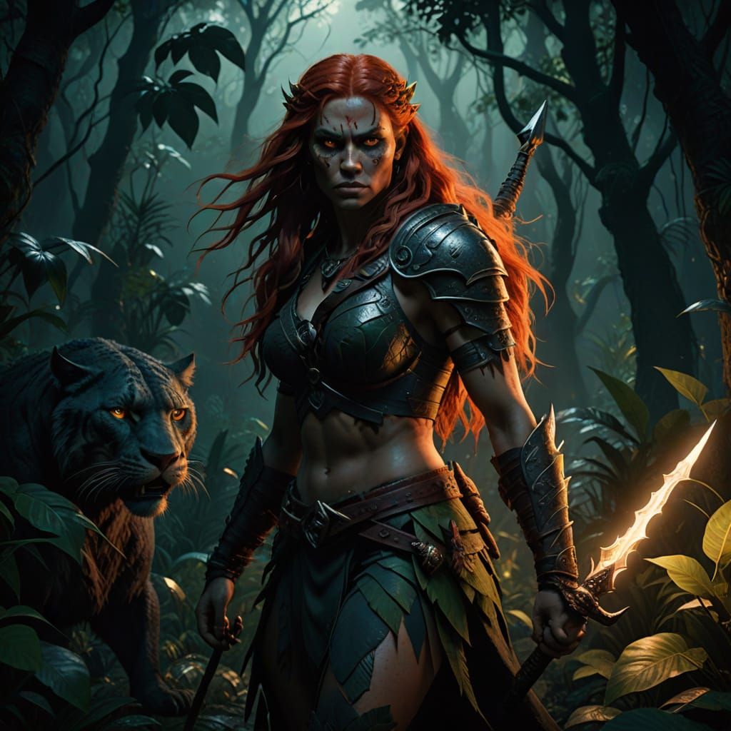 Fantasy Barbarian Confronts Fierce Panther in the Shadows