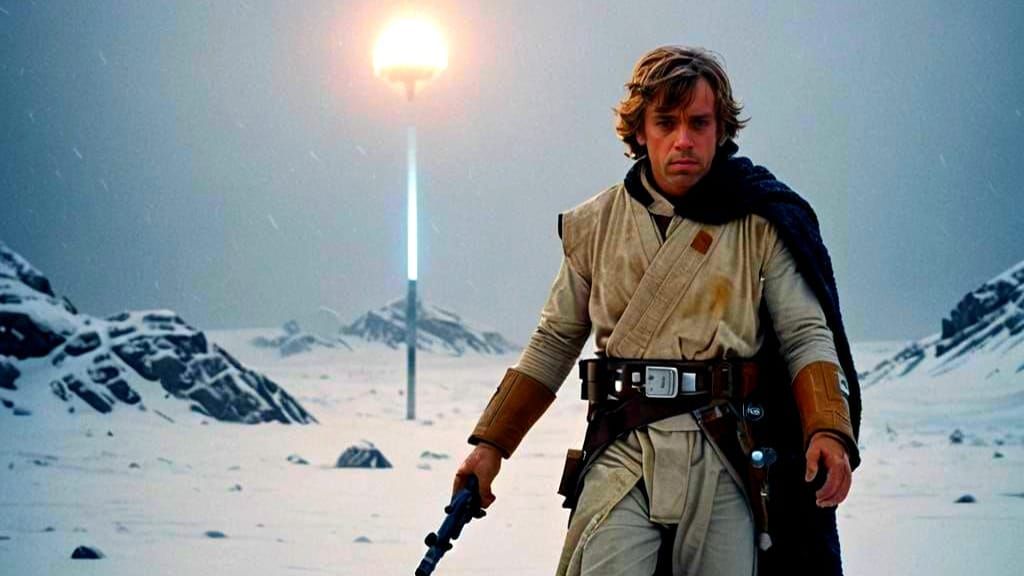 Luke Skywalker Lost on Hoth: Cinematic Film Still
