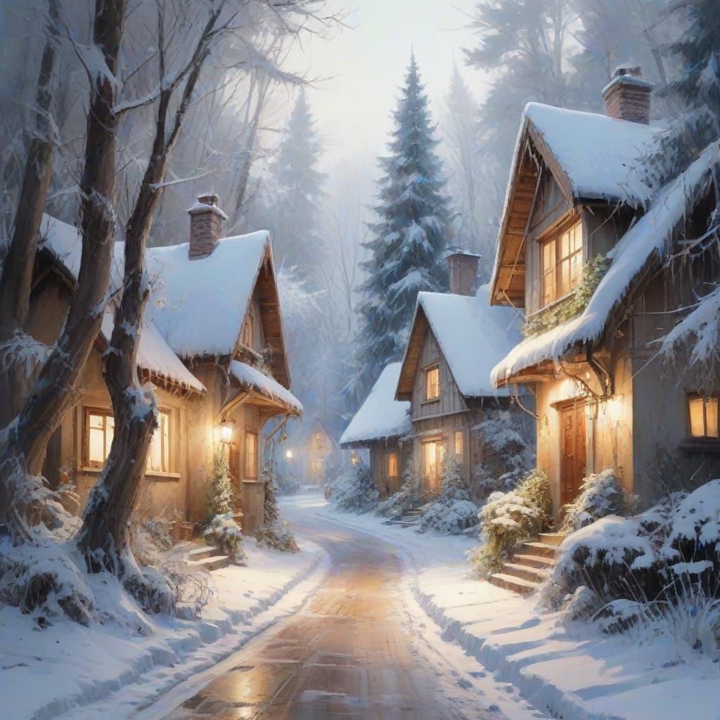Enchanting Winter Village Scene in Watercolour Style
