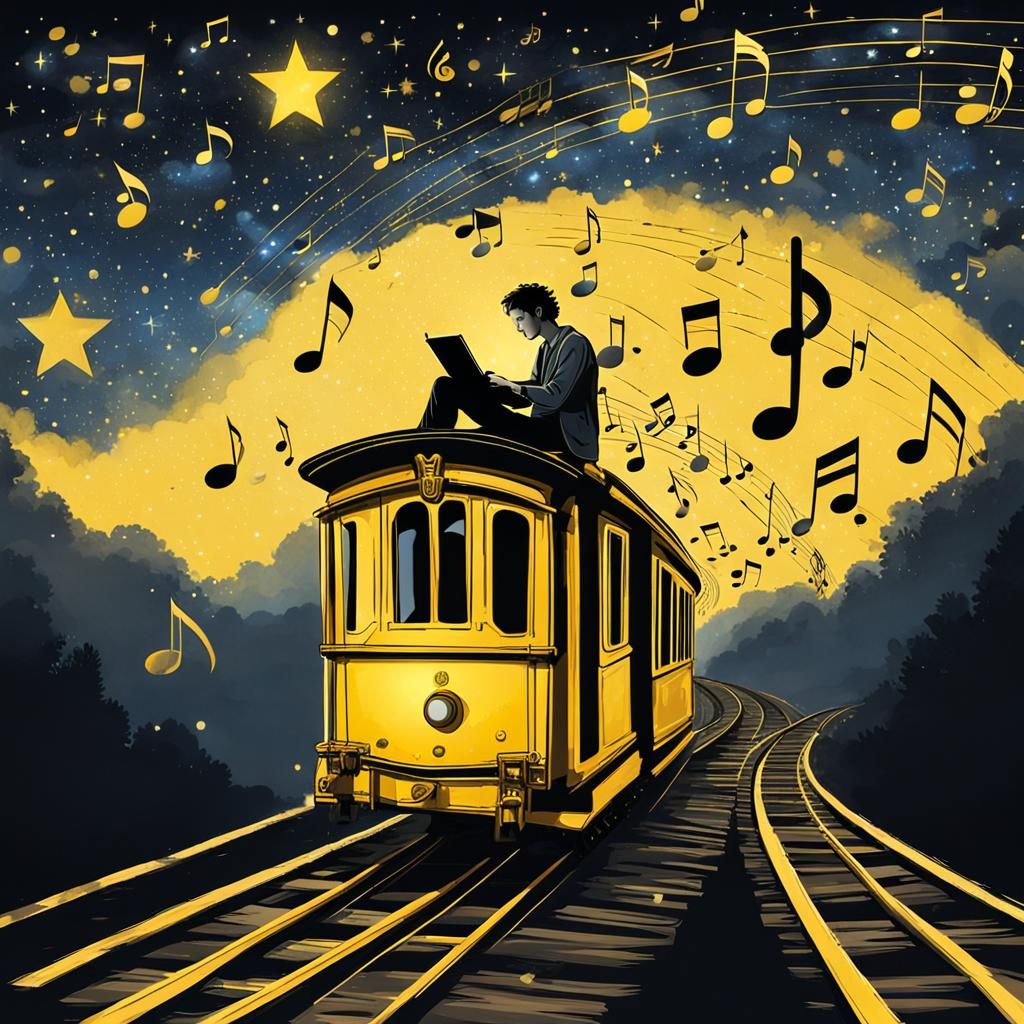 A handsom young man playing the chello on top of a yellow mo...