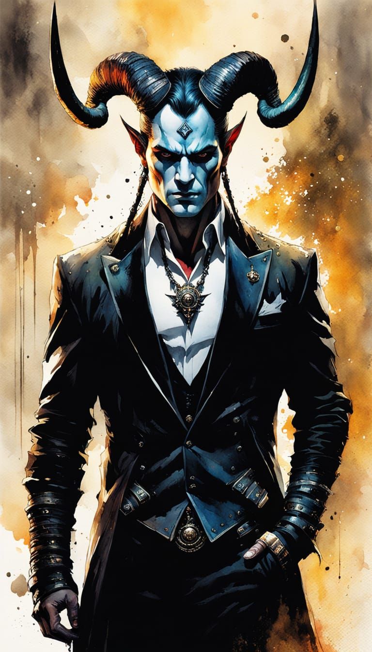 Watercolor Villain with Horns in Dreamy Ink Art