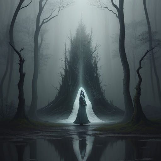 Serene Woman in Moonlit Misty Forest